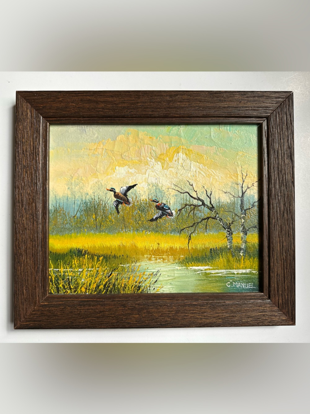Original Art Oil On Canvas Mallards Flying Over Lake Signed C. Manuel